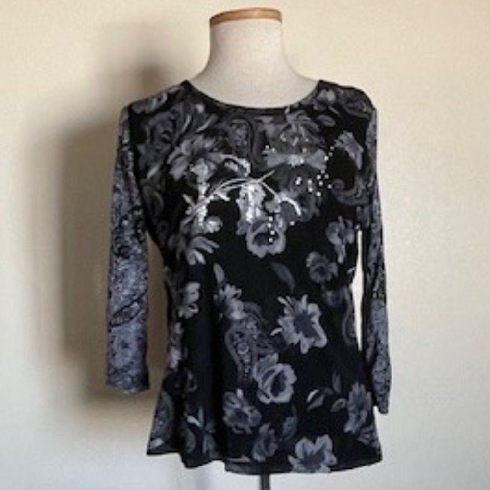 Coldwater Creek Black Print Double Layer Knit Tee with Embroidery & Sequins
